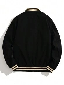 Men's Long Sleeve Fashionable Casual Warm Thermal Lined Letter Embroidered Jacket, For Fall Winter - Black - View 2