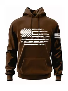Men Plus American Flag Print Kangaroo Pocket Drawstring Hoodie - Brown - View 1