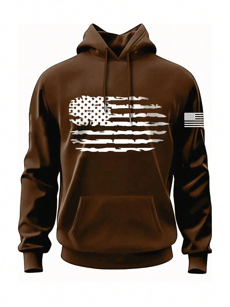 Men Plus American Flag Print Kangaroo Pocket Drawstring Hoodie - Brown - View 1