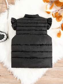 SHEIN Young Girl 1pc Ruffle Trim Zipper Vest Padded Coat - Black - View 2