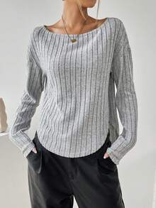 SHEIN Essnce Cổ thuyền Thả vai Curved Hem Áo thun - Màu Xám nhạt - Xem 6