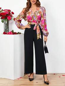 SHEIN Clasi Của phụ nữ In hoa Tay áo lồng đèn Áo liền quần Với thắt lưng - Nhiều màu - Xem 4