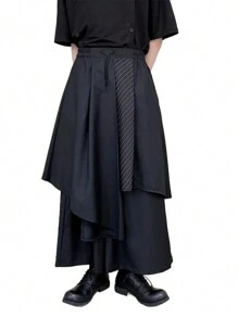 Claim Dot 男士宽松抽绳不对称下摆阔腿裤，外出时尚百褶纯色长款宽松裤，适合送给老公、男朋友的礼物