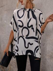 SHEIN Clasi 圖案印花蝙蝠袖襯衫 - 杏色 - 查看 5