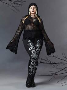 ROMWE Goth Plus  Size Summer Crochet Hollow Out Bell Sleeve Sweater Without Bra - Black - View 1