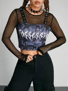 ROMWE PUNK Đồ họa Chữ cái Lưới trong suốt 2 trong 1 hàng đầu - Nhiều màu - Xem 6