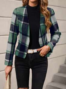 SHEIN Clasi 格紋短款休閒夾克 - 綠色 - 查看 1