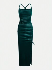 Vestido de terciopelo tejido verde con tirantes cruzados y drapeado para niña adolescente, apto para graduación, fiesta y ocasiones festivas - Verde - Ver 3