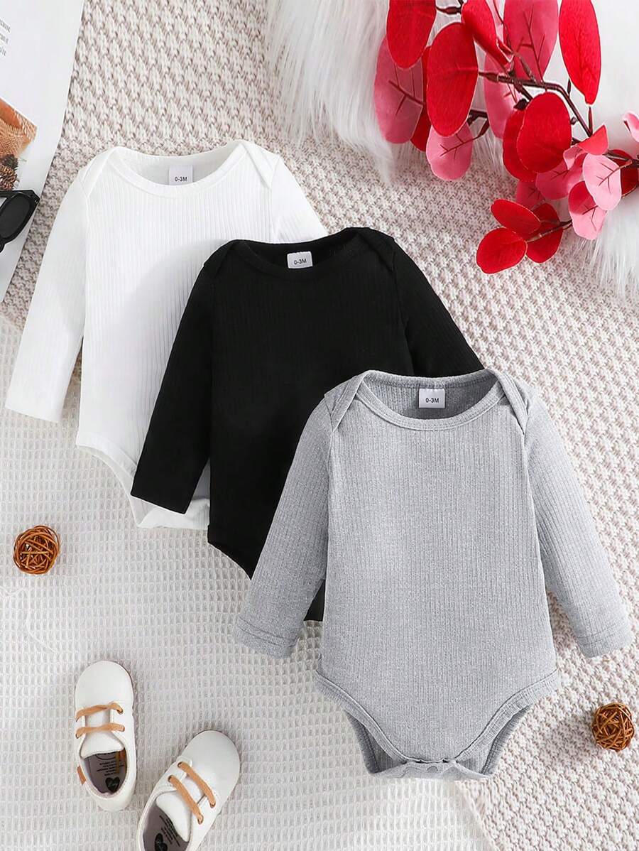 男嬰3入組素色條紋針織連身背心 - 彩色 - 查看 1