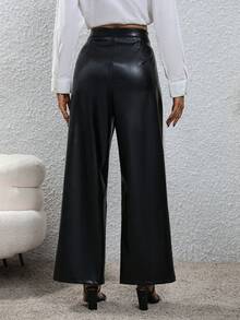 SHEIN Privé Split Hem PU Leather Wide Leg Pants - Black - View 2