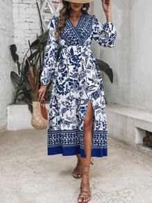 SHEIN VCAY Floral Print Split Thigh Dress - Blue and White - View 1