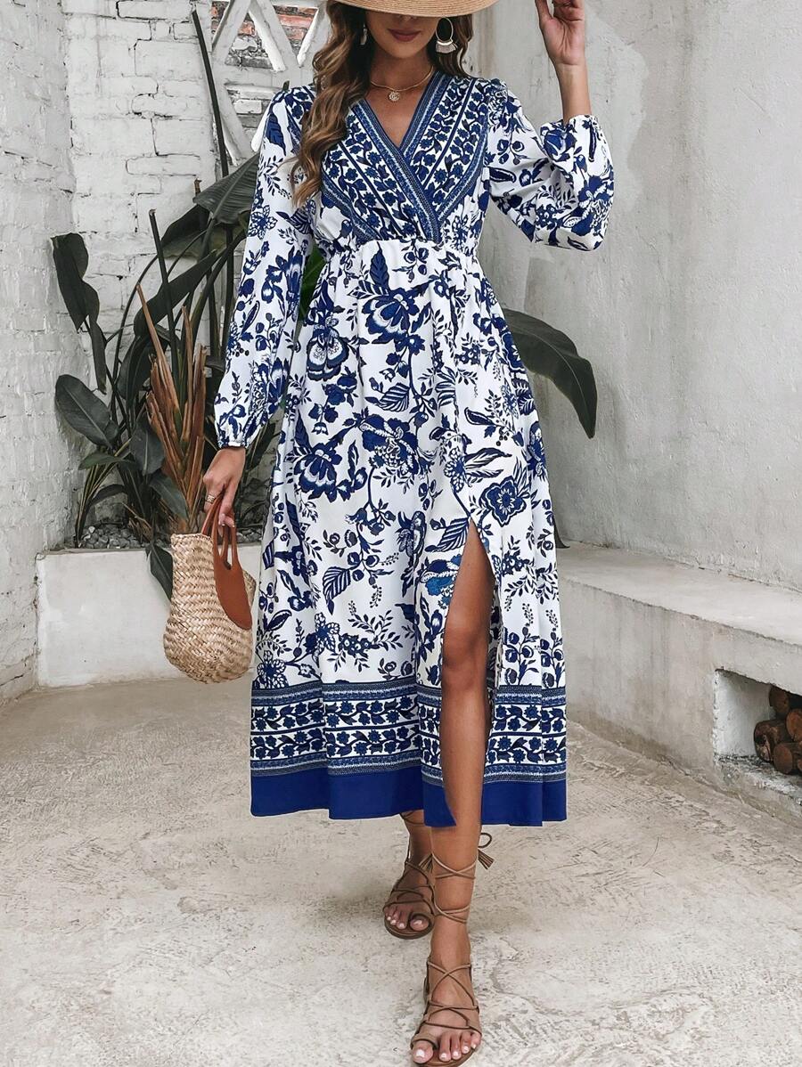 SHEIN VCAY Floral Print Split Thigh Dress - Blue and White - View 1