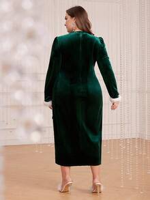 Modelyn Plus Fuzzy Cuff Puff Sleeve Tie Side Wrap Velvet Dress - Green - View 2