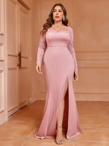 SHEIN Belle Plus Size Lace Patchwork Backless High Slit Mermaid Bridesmaid Dress - Dusty Pink - View 1