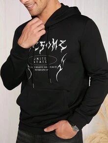 GENTILAND Men Letter Graphic Kangaroo Pocket Drawstring Hoodie - Black - View 5