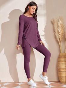 SHEIN LUNE Solid Button Detail Tee & Leggings - Purple - View 3