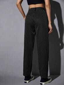 SHEIN Unity High Waist Striped Straight Leg Cropped Trousers - Black - View 2