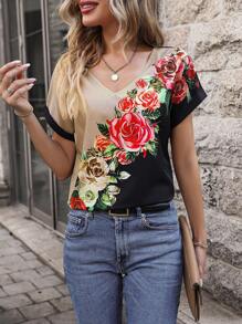 SHEIN LUNE Floral Print Batwing Sleeve Blouse - Multicolor - View 1