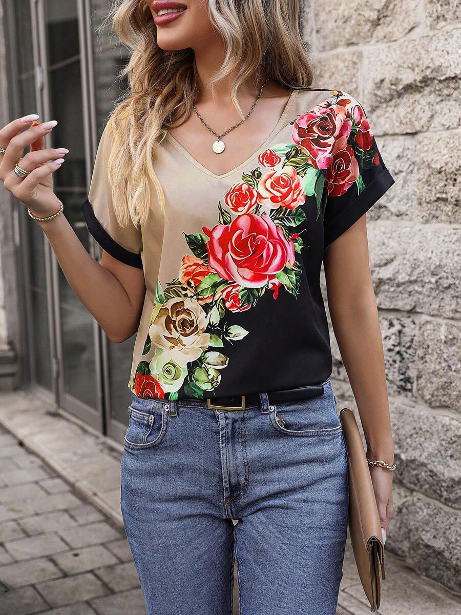 SHEIN LUNE Floral Print Batwing Sleeve Blouse - Multicolor - View 1