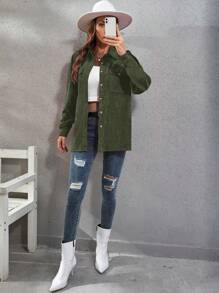 SHEIN LUNE Flap Pocket Drop Shoulder Corduroy Blouse Women Shirt - Army Green - View 4