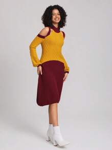 Abelis Designer Farbblock Cut-Out Carmen-Ausschnitt elegantes Pulloverkleid, für Urlaub, Party, Vacation, Geburtstags-Outfits, Festivals, Ibiza-Looks, Hochzeit, Abendkleid