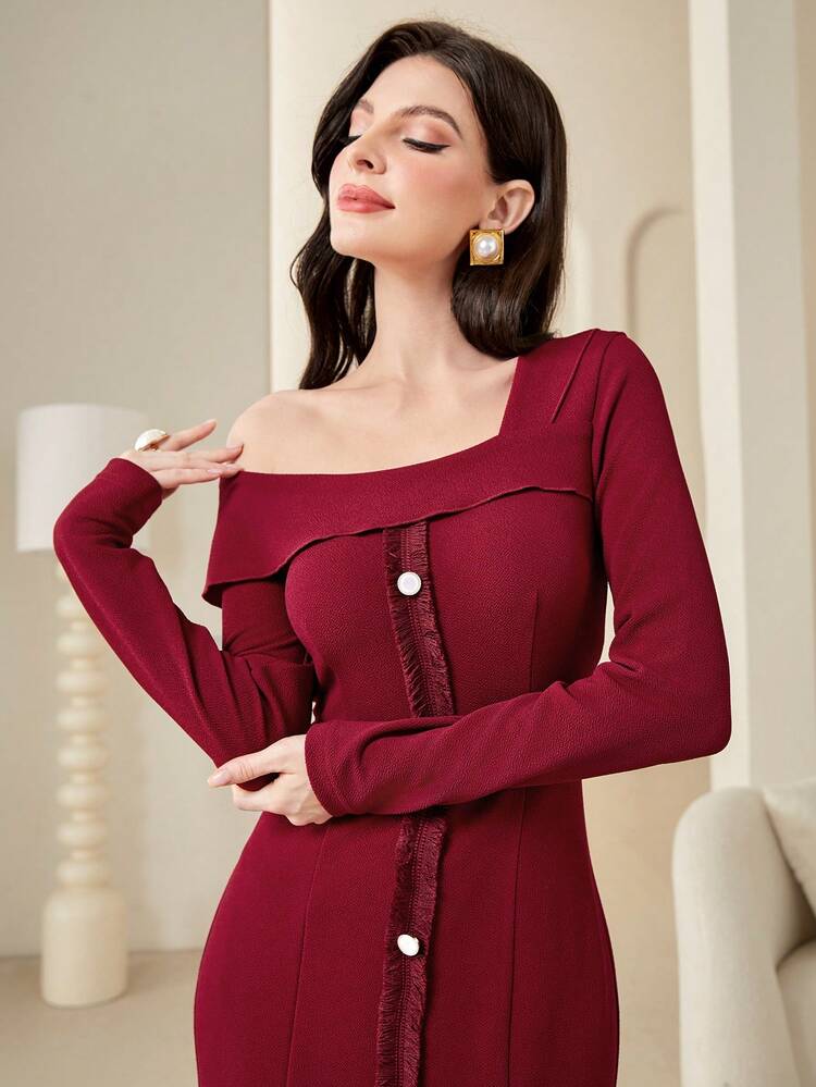 Women's Solid Color Asymmetric Collar Front Buttoned Dress Long Evening Dresses Fall Cloth For Women