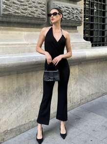 RueChic Solid Halter Neck Backless Flare Leg Jumpsuit - Black - View 4