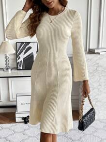 SHEIN Clasi Vestido de punto unicolor de manga amplia tejido de canalé sin cinturón - Albaricoque - Ver 7