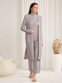 Seusyu 3pcs High Collar Sweater With Pockets, Split Hem Pants And Cardigan Set - Light Grey - View 5