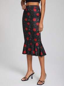Raquel Melo 花卉印花人魚裙擺裙 - 黑色 - 查看 5