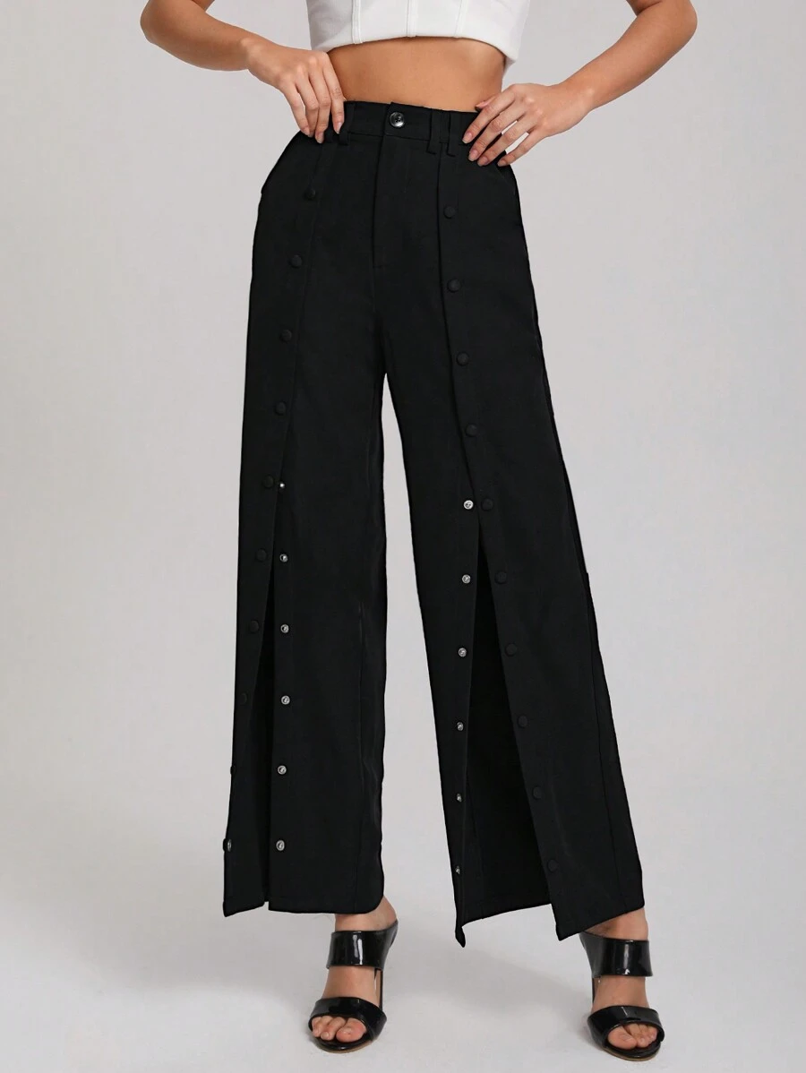 KAYLA BANDY 紐扣細節闊腿褲 - 黑色 - 查看 1