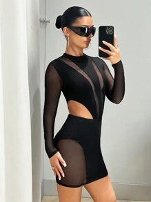 SHEIN ICON Contrast Mesh Cut Out Waist Bodycon Dress - Black - View 7