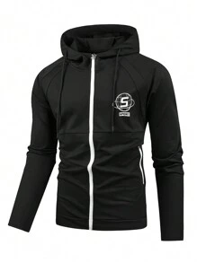 Manfinity Sport Corelite 男士字母圖形拉鍊束繩連帽運動夾克，運動上衣 - 黑色 - 查看 1