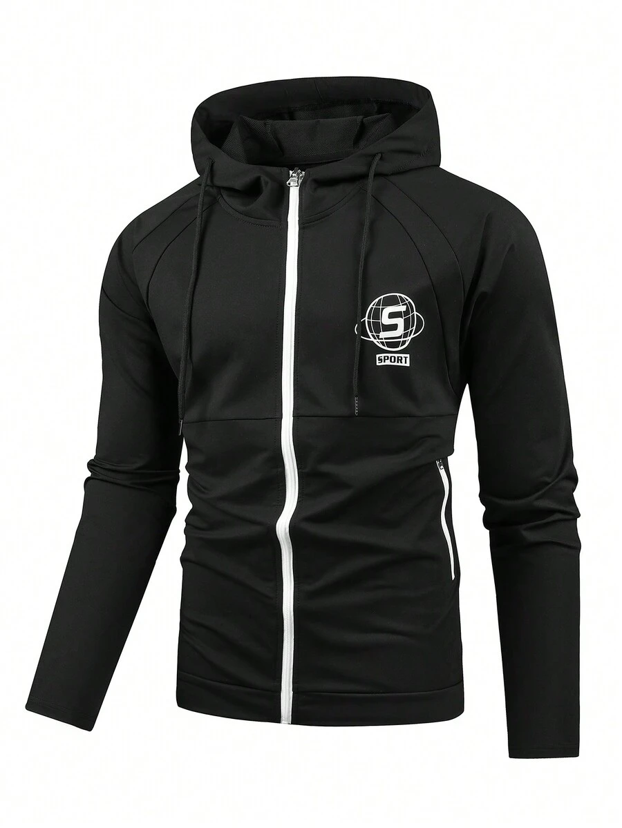 Manfinity Sport Corelite 男士字母圖形拉鍊束繩連帽運動夾克，運動上衣 - 黑色 - 查看 1