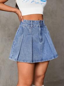 SHEIN ICON 高腰百褶下擺牛仔半身裙 - 中等水洗藍 - 查看 4