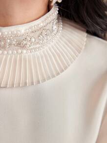 Modelyn Pearl Beaded Lantern Sleeve Blouse - Apricot - View 4