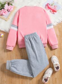 SHEIN Cô gái Tween Kỳ lân in Panel Tương phản Áo nỉ & Đồ họa Chữ cái Quần thể thao - Hồng - Xem 2