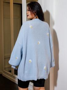 SHEIN EZwear Plus Floral Embroidery Drop Shoulder Duster Cardigan - Blue - View 2