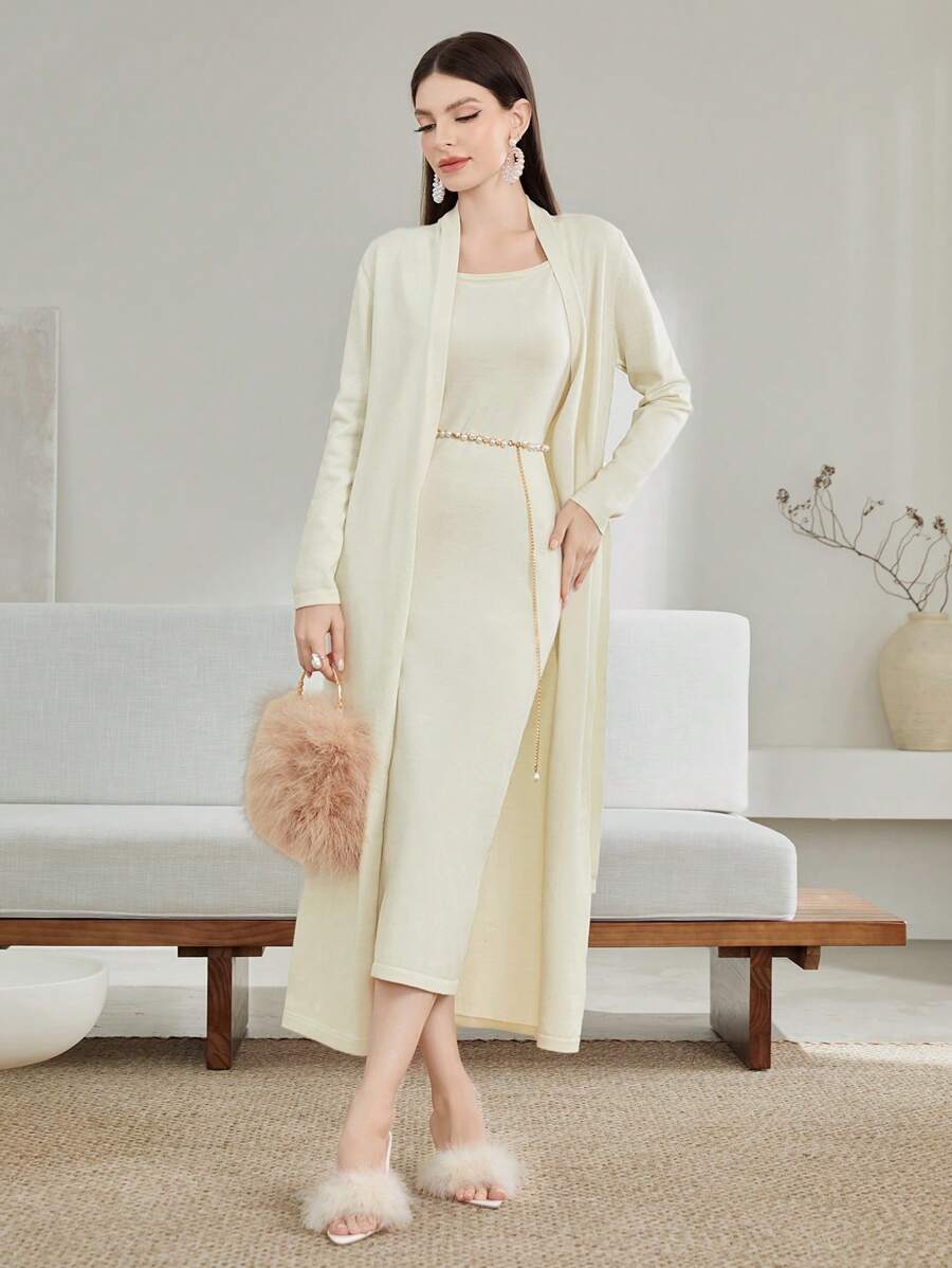 Modelyn Váy len Cami trơn và áo khoác Cardigan không có thắt lưng - Màu be - Xem 1