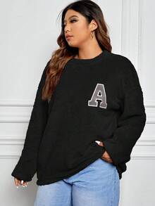 SHEIN EZwear Talla grande Sudadera con parche de letra de hombros caídos teddy - Negro - Ver 2
