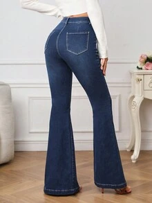 SHEIN Privé 紐扣門襟牛仔喇叭褲 - 深色水洗藍 - 查看 2