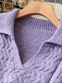Celure 大碼素色喇叭袖麻花編織套頭毛衣 - 紫色 - 查看 5
