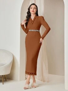 Modelyn 1pc Contrast Embroidery Mesh Trim Split Back Bodycon Dress Without Belt Long Evening Dresses - Brown - View 6
