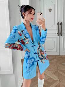 EastFlair Chinese Dragon Print Lapel Neck Frog Button Front Blazer Dress - Blue - View 1
