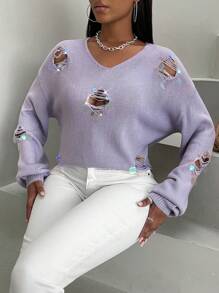 Zolique Sequin Decor Drop Shoulder Ripped Knit Pullover Fall Winter Sweater - Purple - View 5