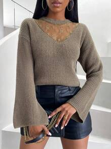 Zolique Contrast Lace Drop Shoulder Sweater Knit Pullover Fall Winter Outfit - Green - View 3