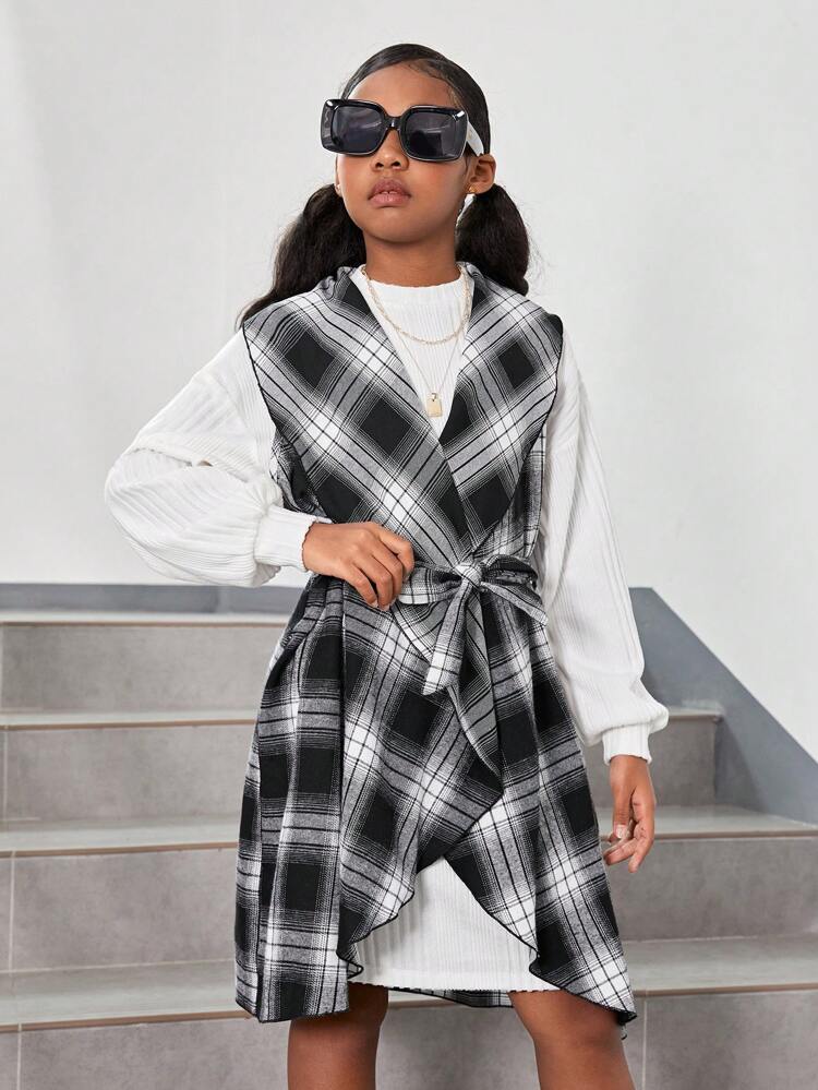 Tween Girls' Knitted Solid Color Half High Collar Long Sweater Dress With Plaid Long Sleeve Cardigan