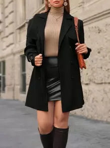 SHEIN Frenchy Hơn Đôi ngực Thắt lưng Áo khoác Trench - màu đen - Xem 1