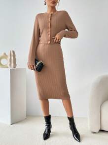 SHEIN Essnce Solid Button Front Jacket & Bodycon Dress - Apricot - View 5