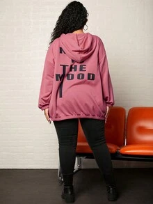 SHEIN CURVE+ 大碼標語圖案落肩袖抽繩連帽夾克 - 紅色 - 查看 7